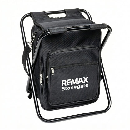Black folding chair with backpack and Remax Stonegate logo on a white background
