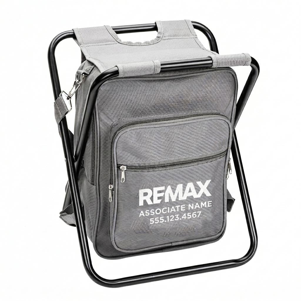 Gray backpack with folding chair and REMAX branding on a white background