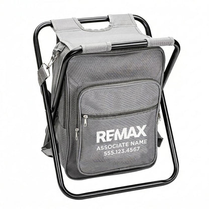 Gray backpack with folding chair and REMAX branding on a white background