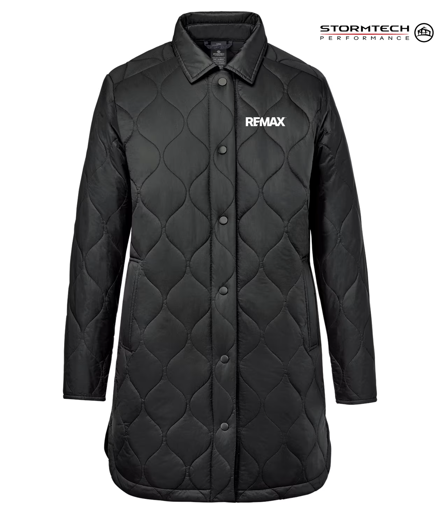 Black quilted jacket with REMAX logo on a white background, featuring Stormtech Performance branding.