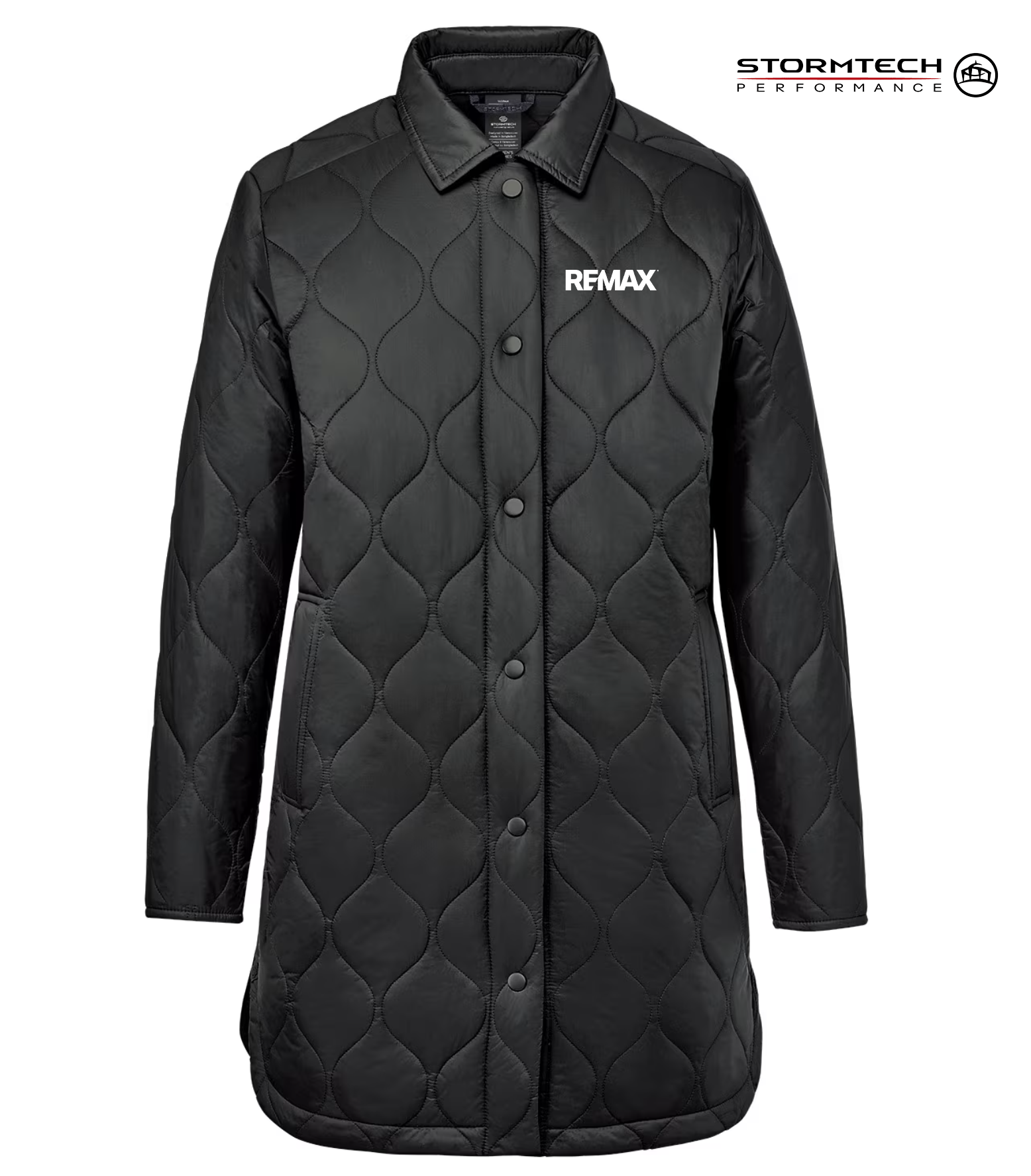 Black quilted jacket with REMAX logo on a white background, featuring Stormtech Performance branding.