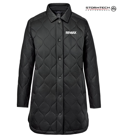 Black quilted jacket with REMAX logo on a white background, featuring Stormtech Performance branding.