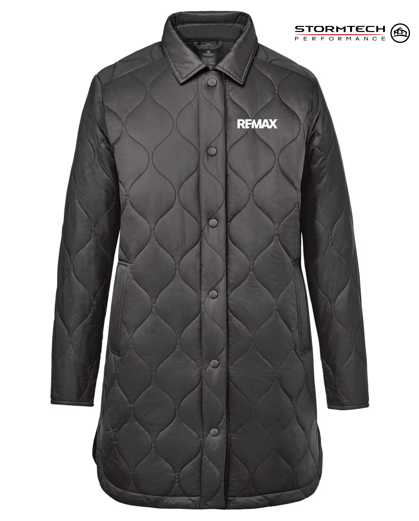Black quilted jacket with REMAX branding on a white background