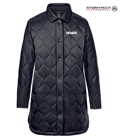 Black quilted coat with REMAX logo on a white background