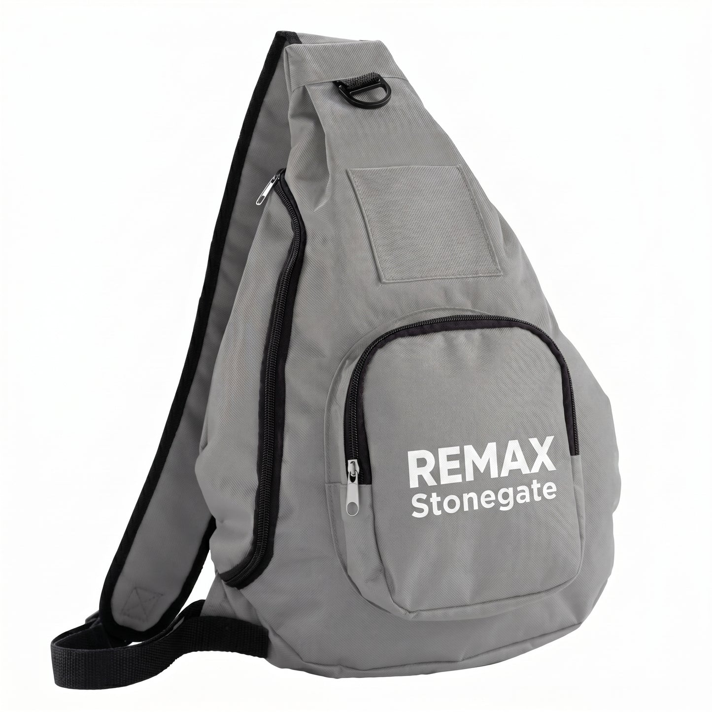 Gray sling bag with 'REMAX Stonegate' branding on a white background