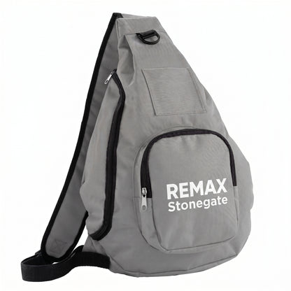 Gray sling bag with 'REMAX Stonegate' branding on a white background