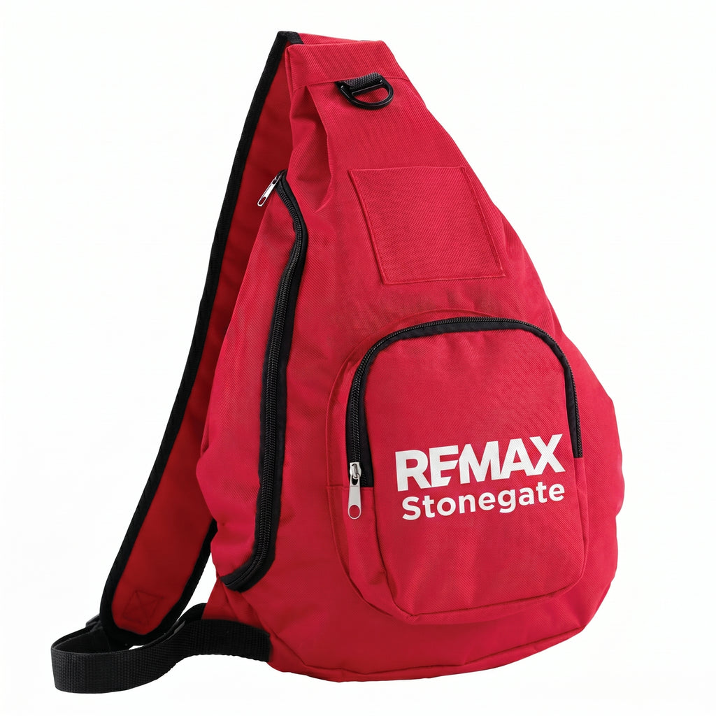 Red sling bag with 'REMAX Stonegate' branding on a white background