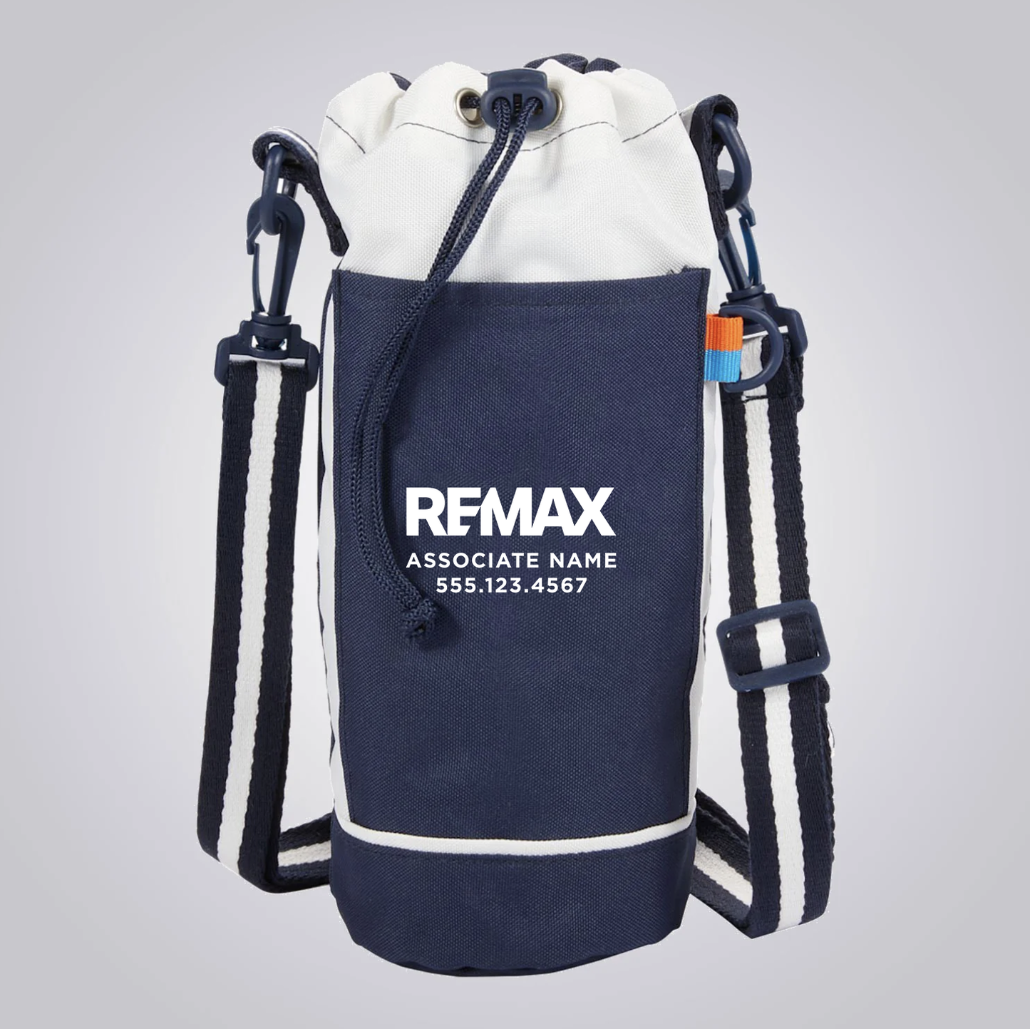 Navy and white drawstring bag with REMAX branding on a light gray background