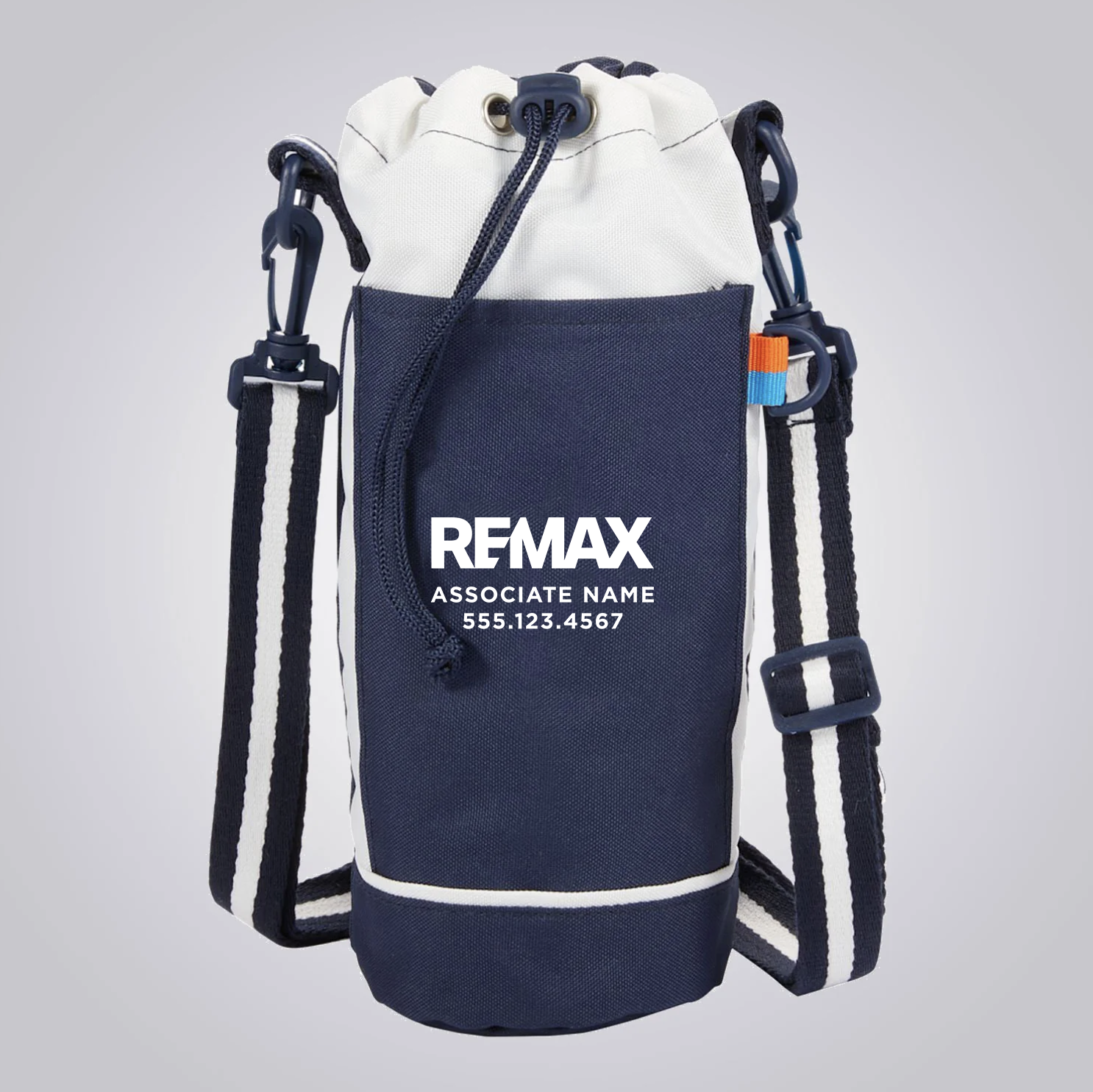 Navy and white drawstring bag with REMAX branding on a light gray background