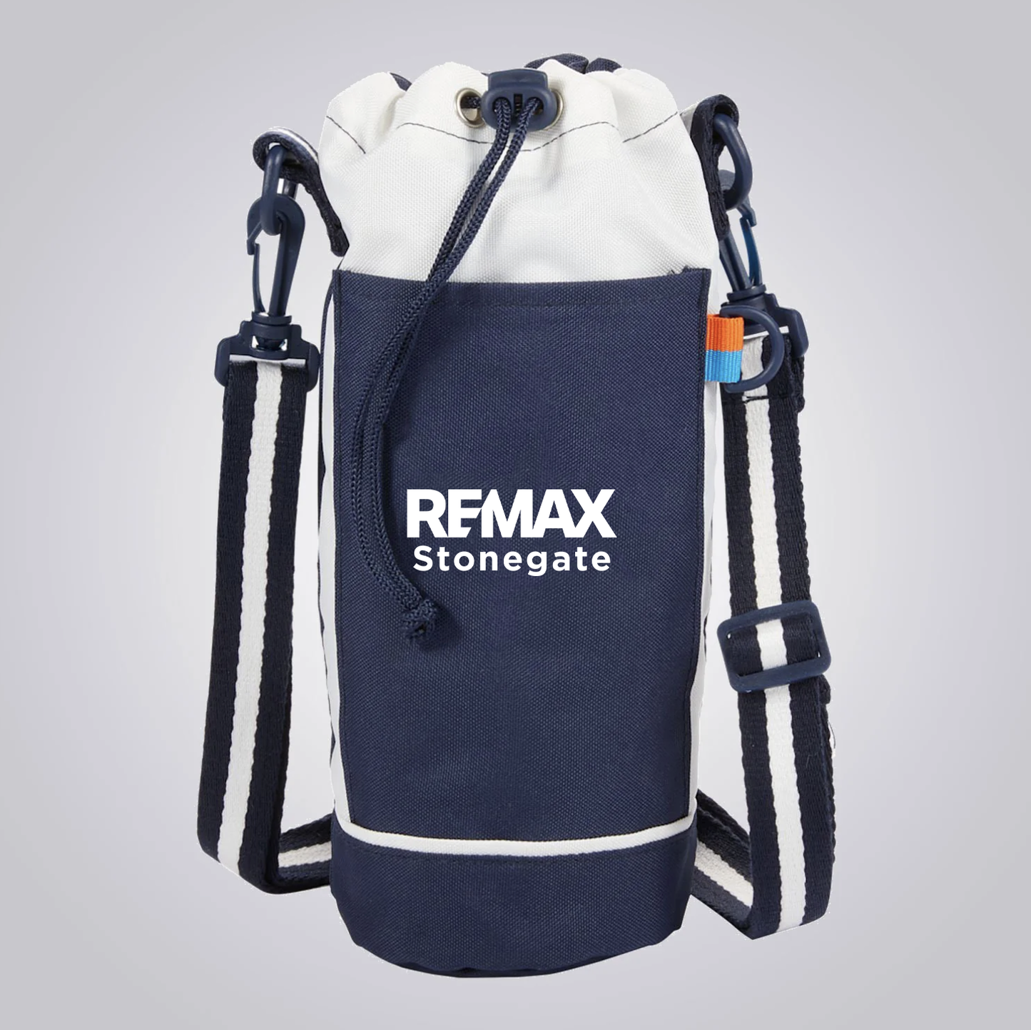 Navy and white drawstring bag with REMAX Stonegate branding on a light gray background