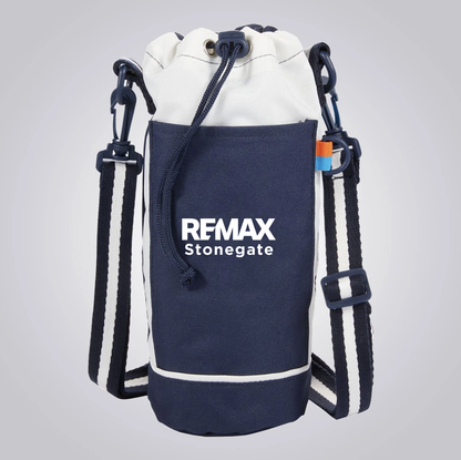 Navy and white drawstring bag with REMAX Stonegate branding on a light gray background