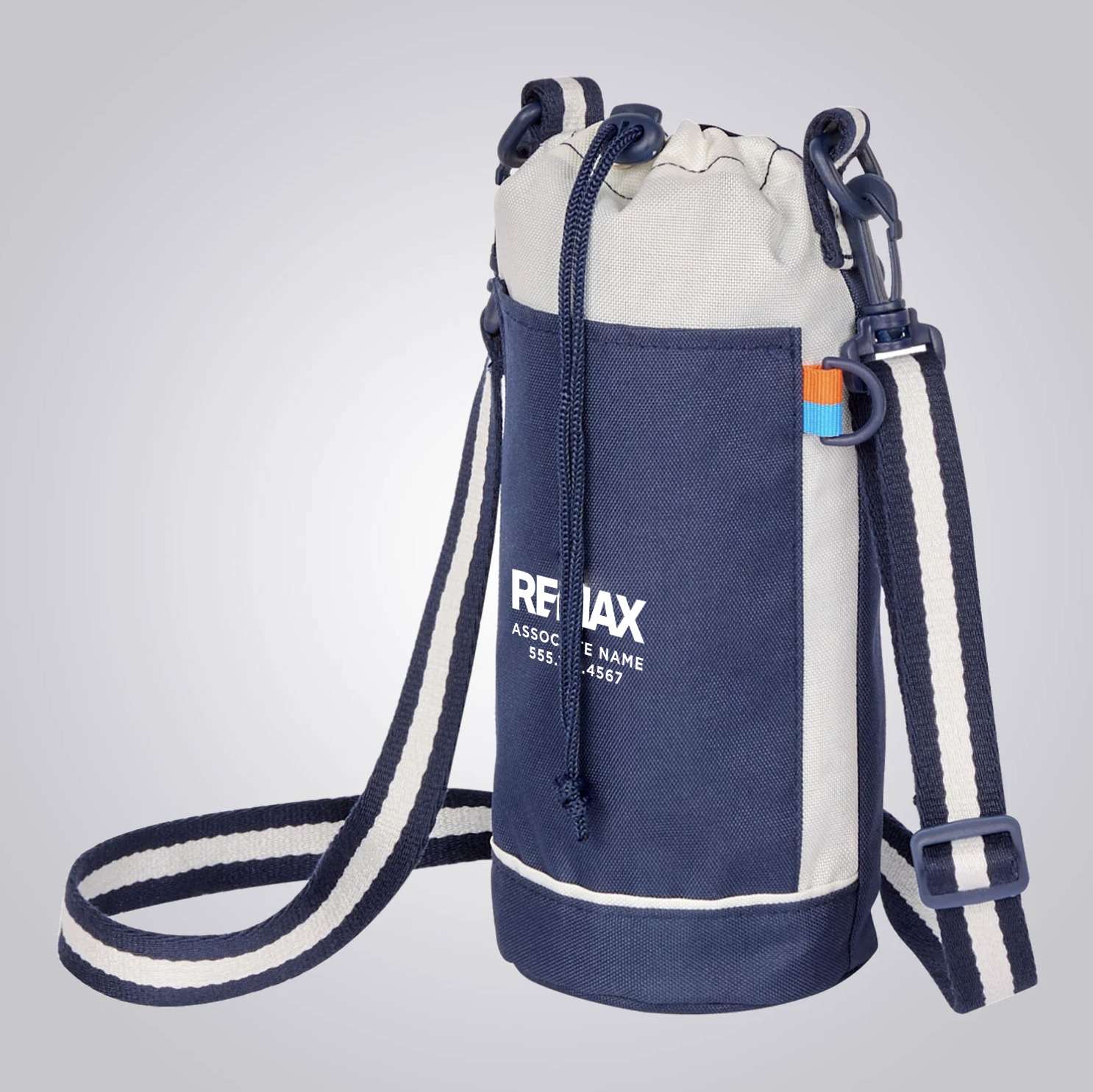 Navy and white bag with a strap on a light gray background