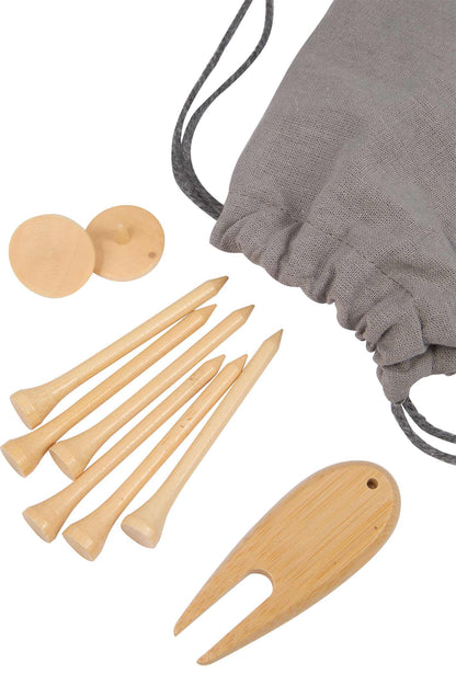 Set of wooden golf tees, divot tools, and a drawstring bag on a white background