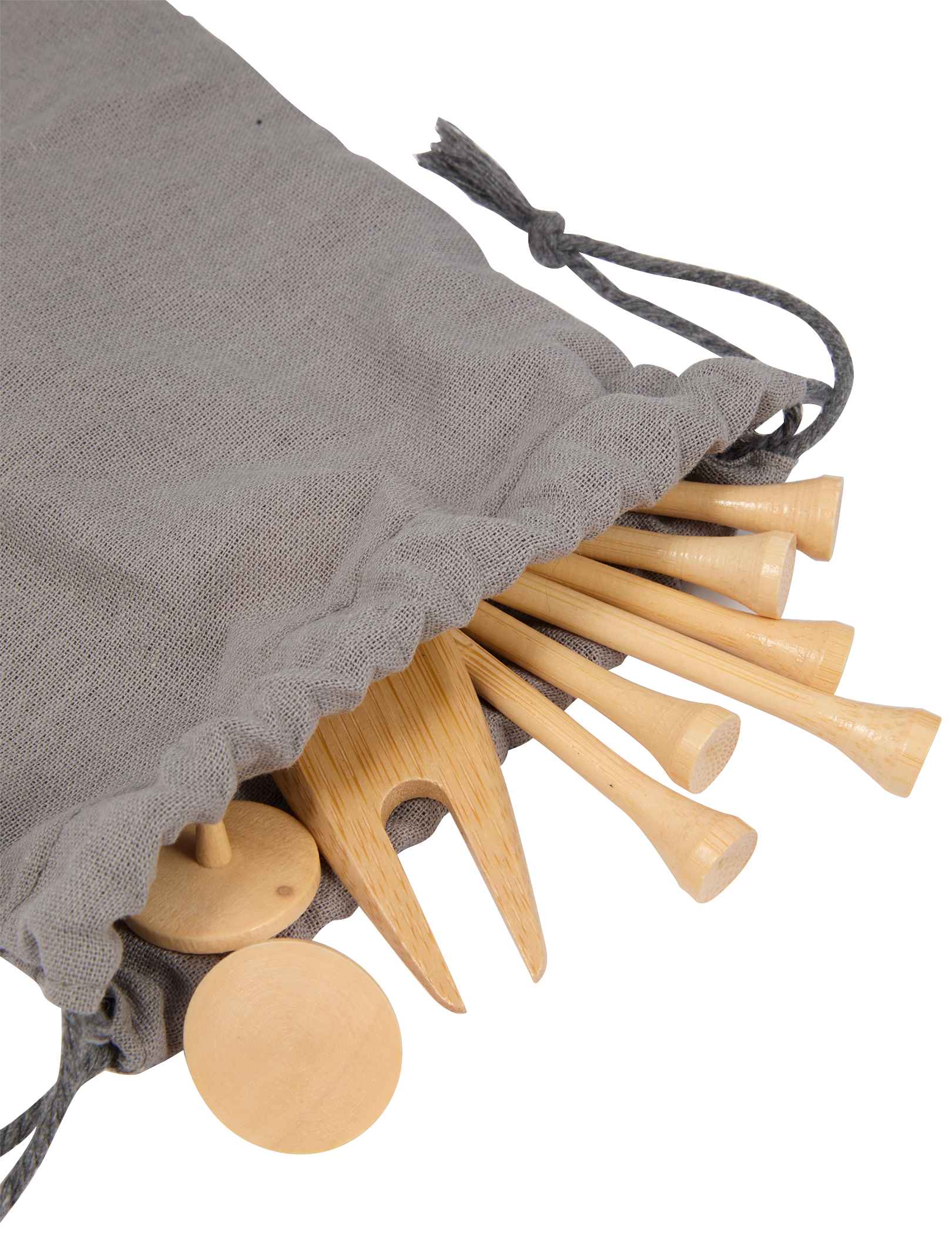 Set of wooden tools with a gray drawstring bag on a white background