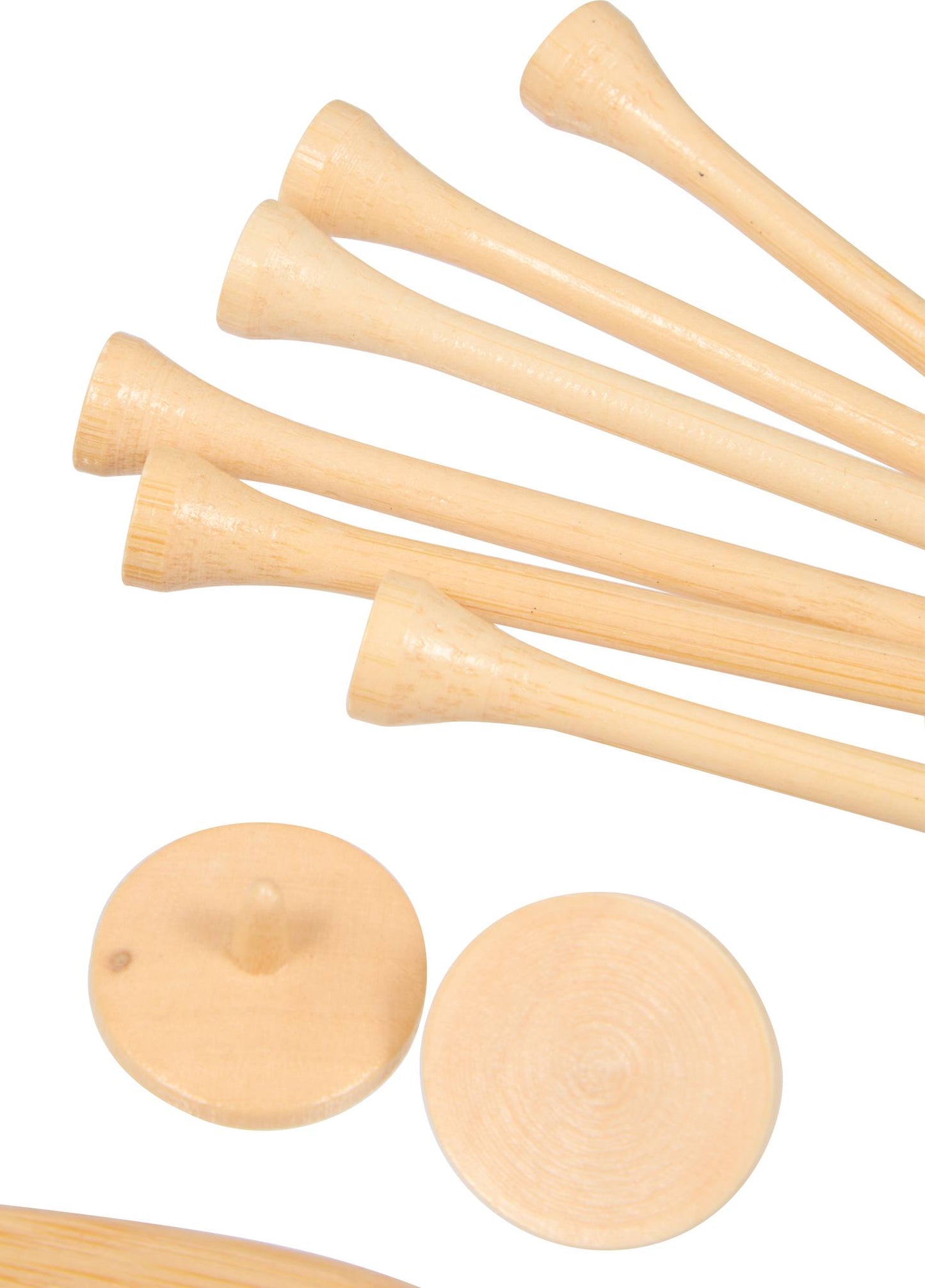 Wooden golf tees on a white background