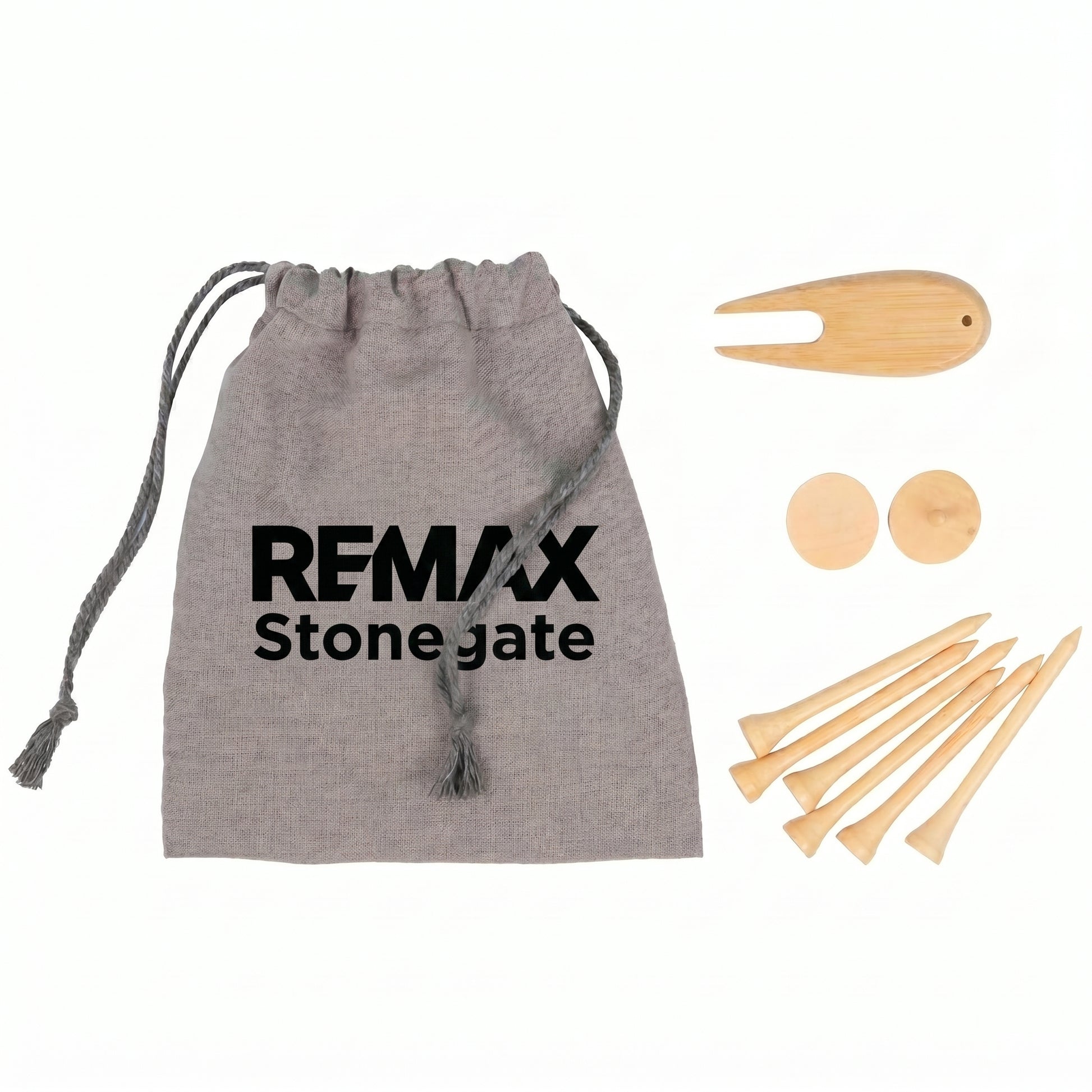 Gray drawstring bag with REMAX Stonegate logo and wooden items on a white background