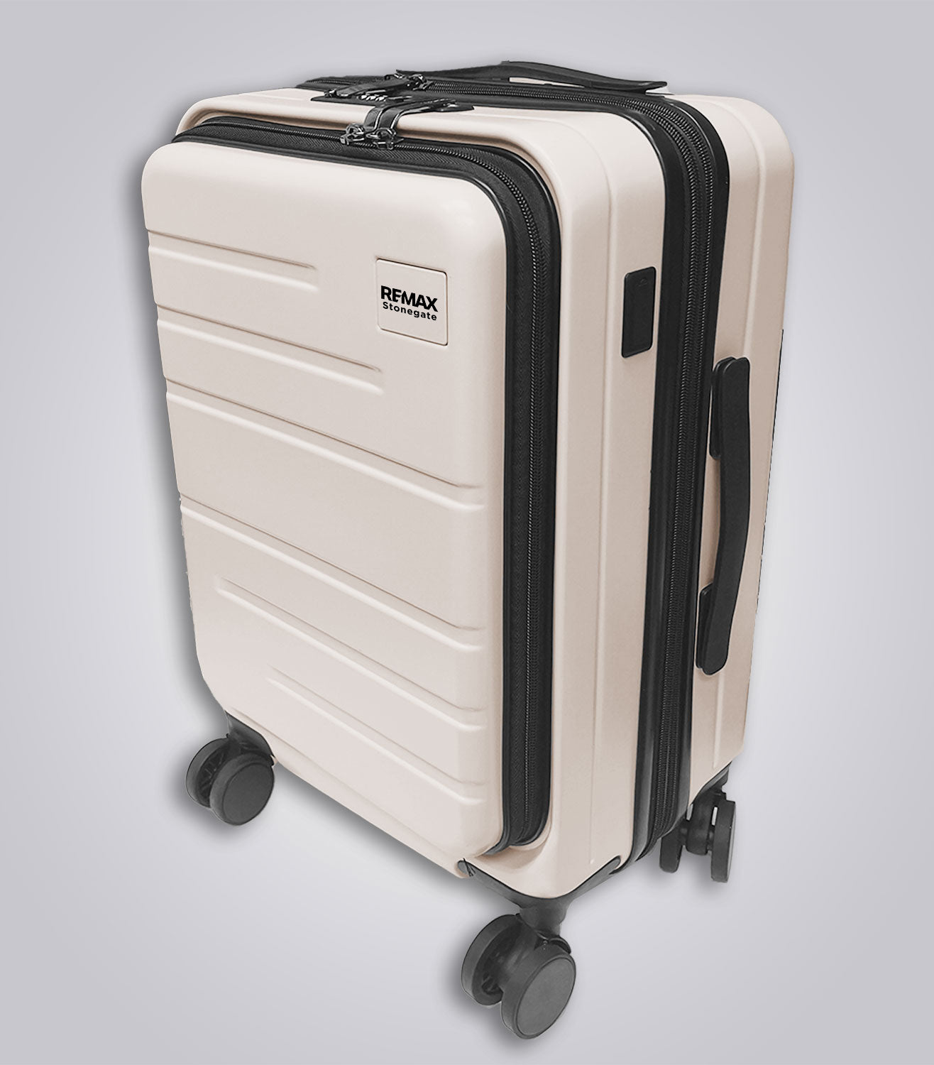 Beige suitcase with black handles and wheels on a light gray background