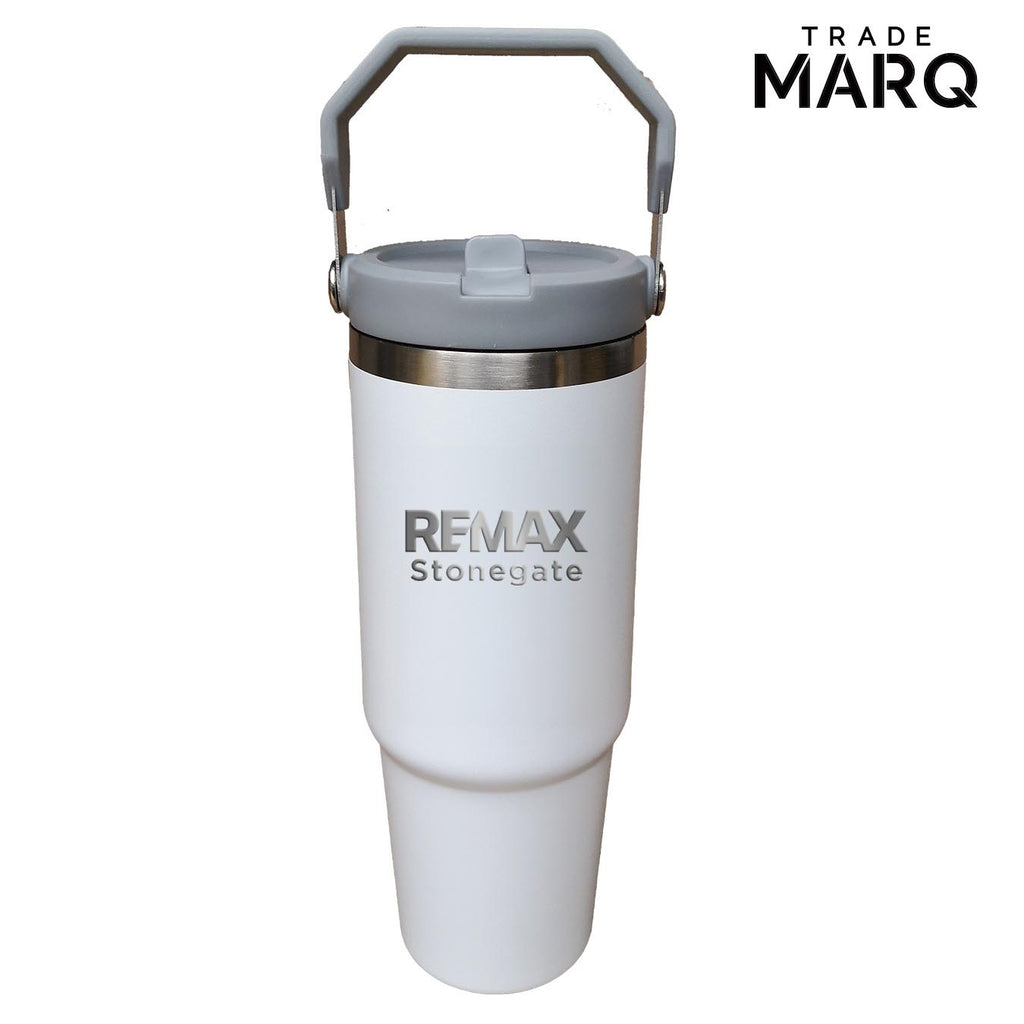 30oz Revive Stainless Steel Tumbler W/Handle & Straw - White - Custom Branded - TRADE MARQ