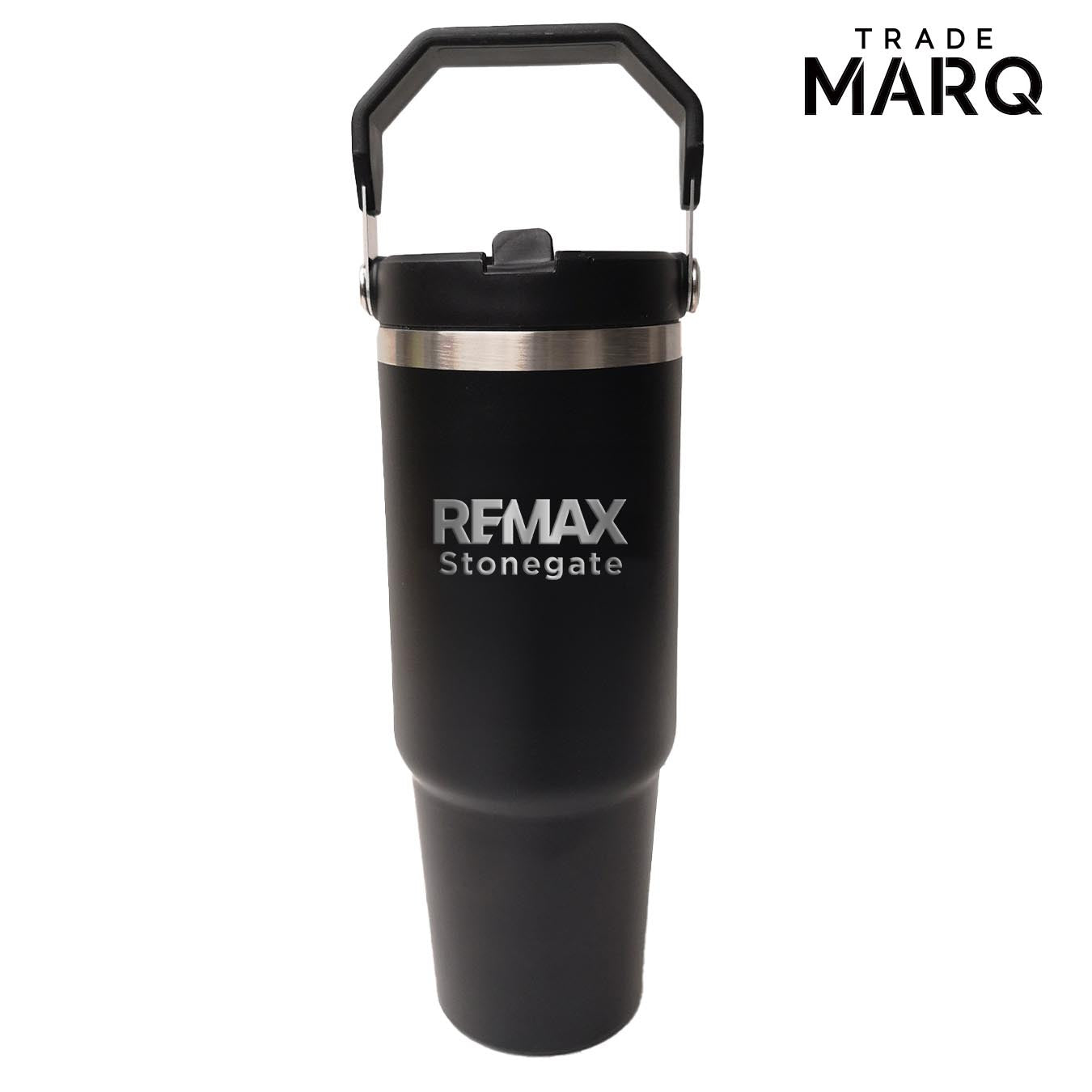 Black tumbler with 'REMAX Stonegate' branding on a white background, featuring the Trade Marq logo.