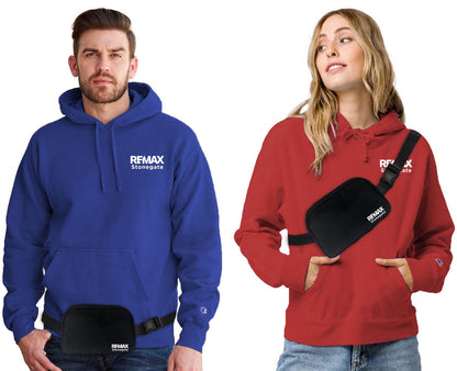 Two people wearing Remax branded hoodies and fanny packs on a white background