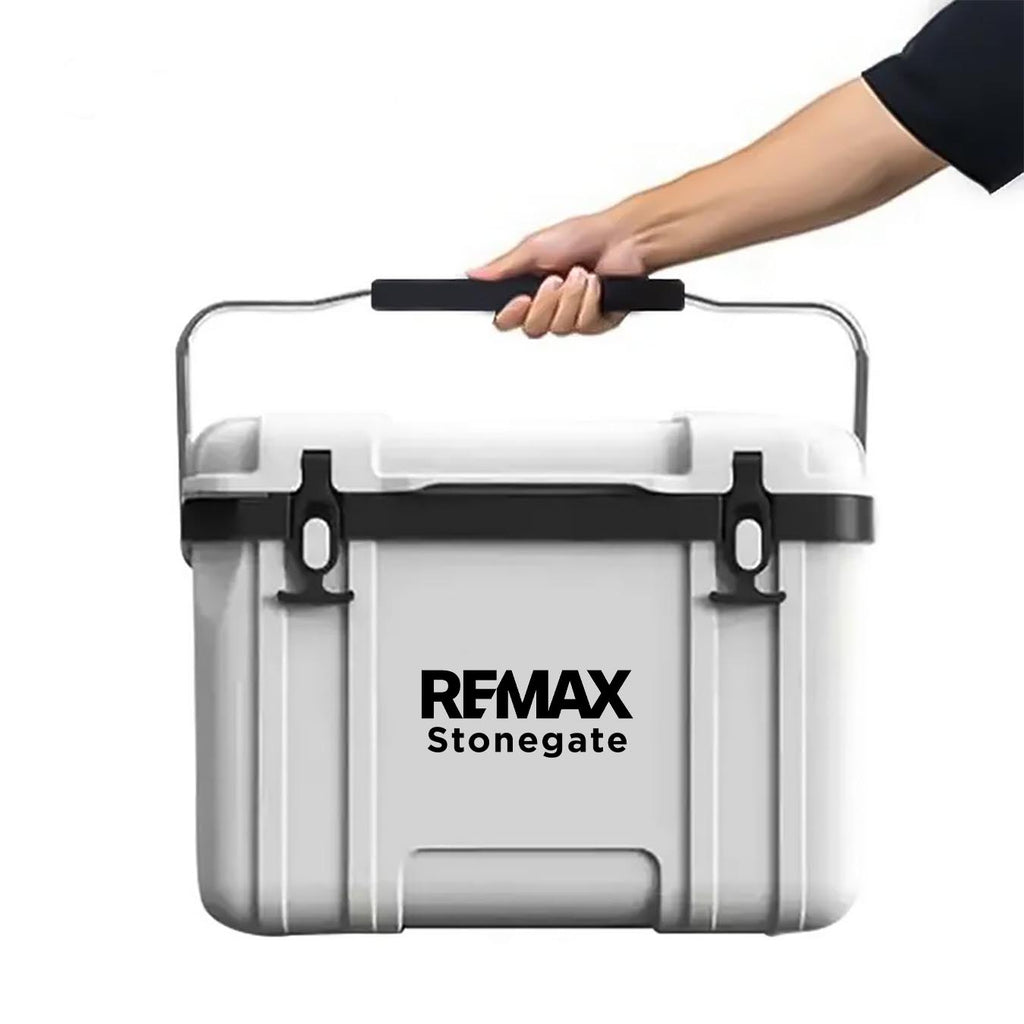 White cooler box with black handles and 'REMAX Stonegate' branding on a white background