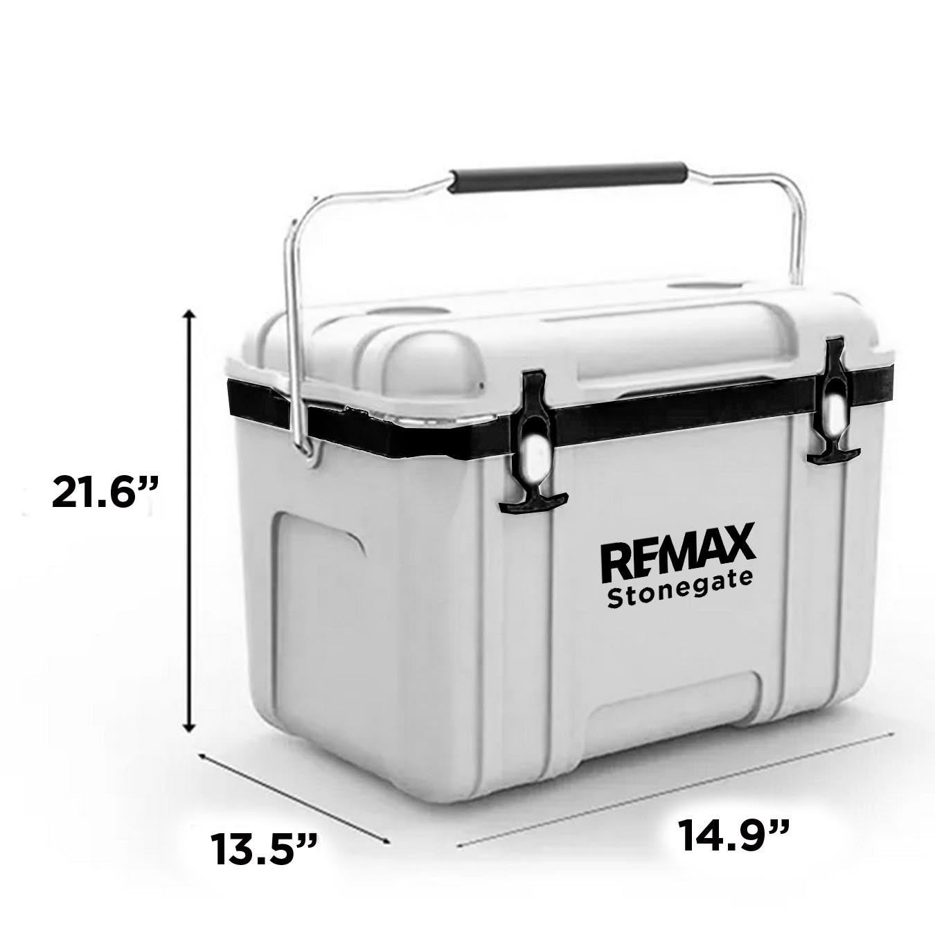 White cooler box with black handles and REMAX branding, shown with dimensions on a white background.