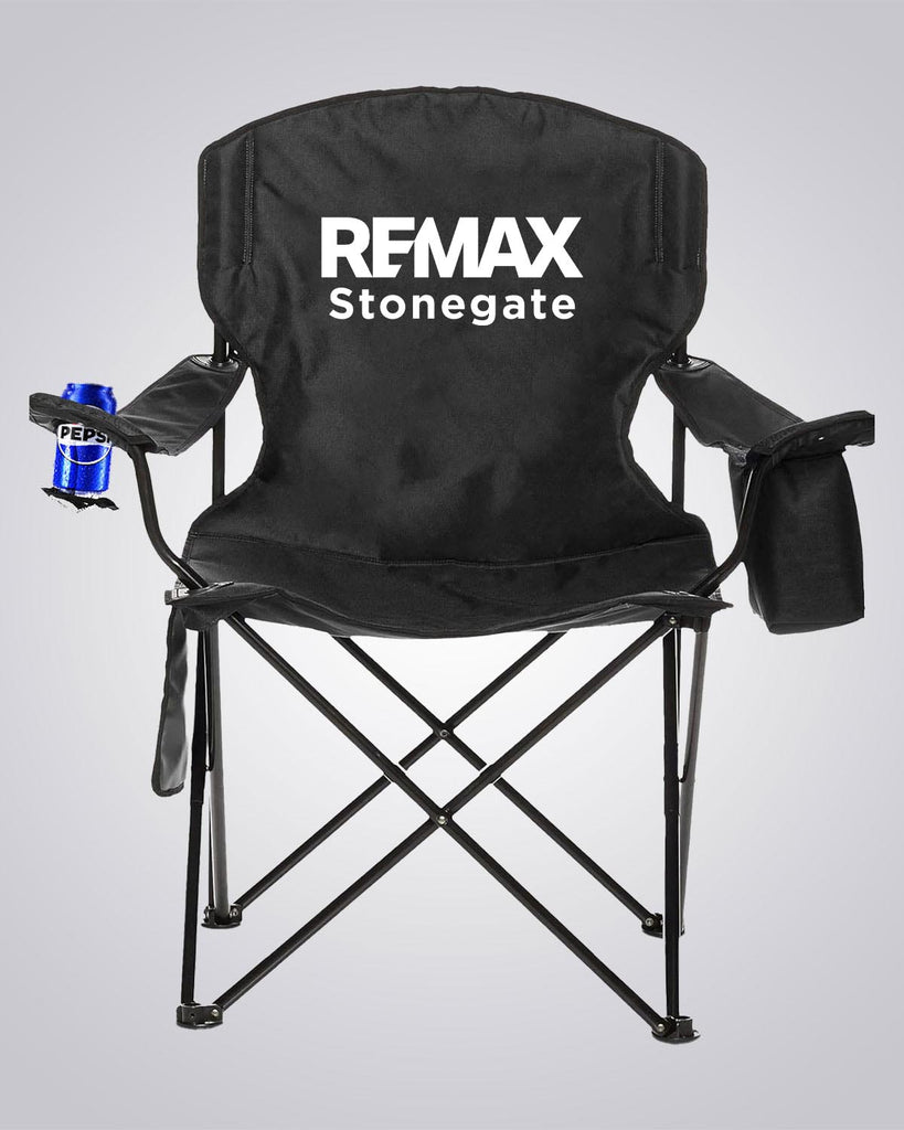 Black folding chair with REMAX Stonegate logo on a gray background