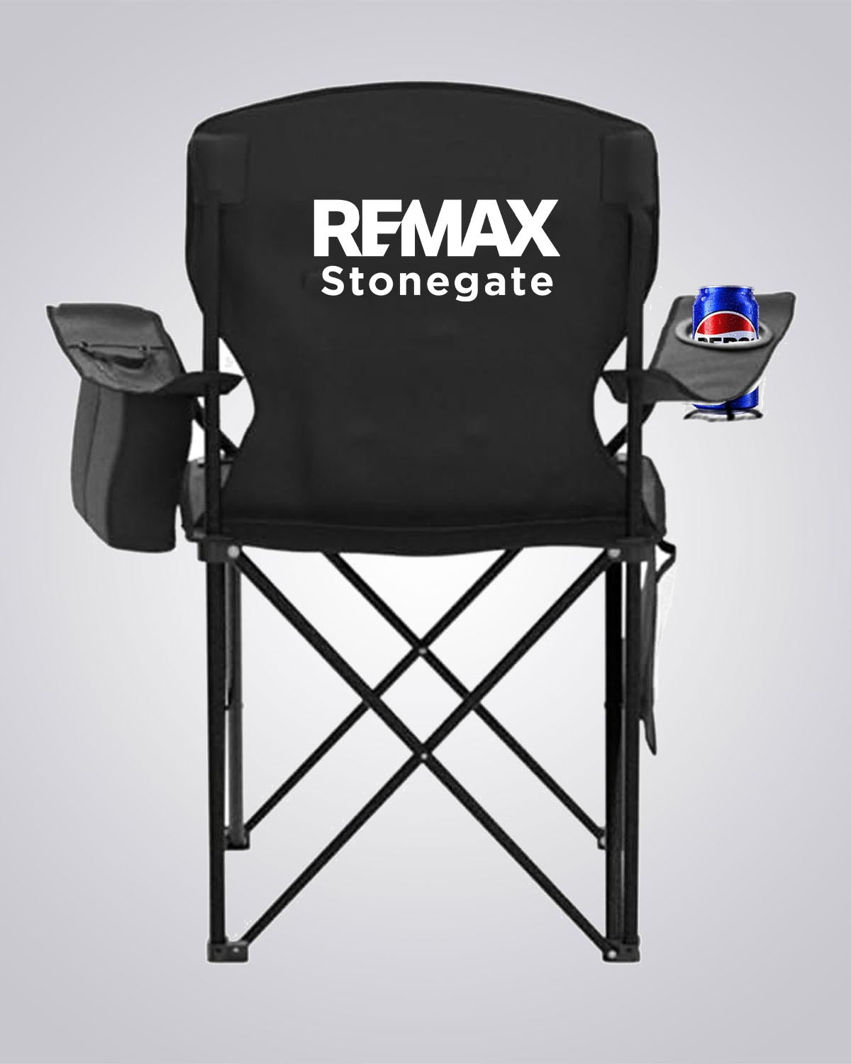 Black folding chair with REMAX Stonegate logo on a gray background