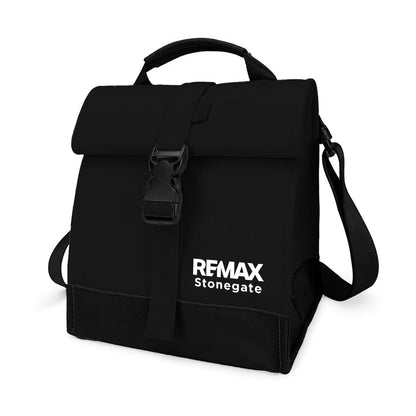 Black backpack with REMAX Stonegate branding on a white background