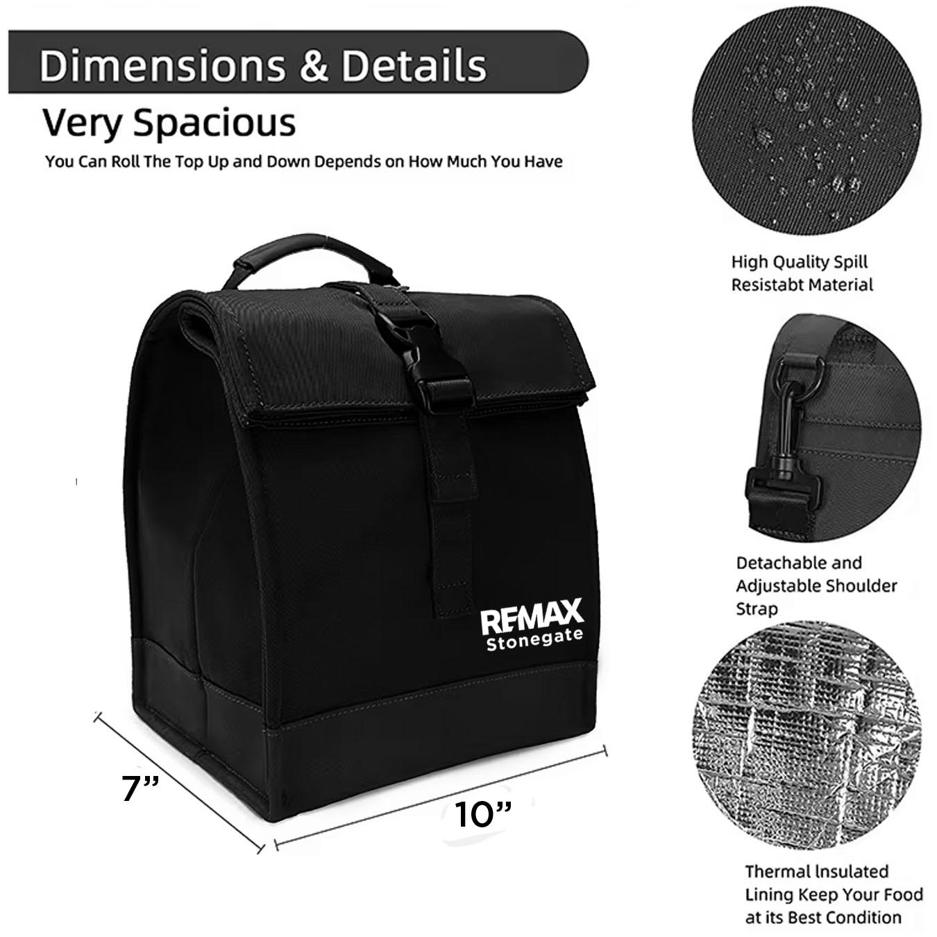 Black backpack with REMAX branding, showing dimensions and features on a white background.