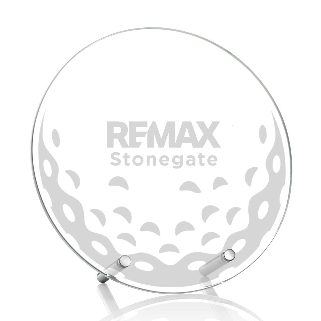 Clear decorative object with 'REMAX Stonegate' text on a white background