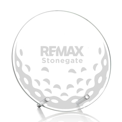 Clear decorative object with 'REMAX Stonegate' text on a white background