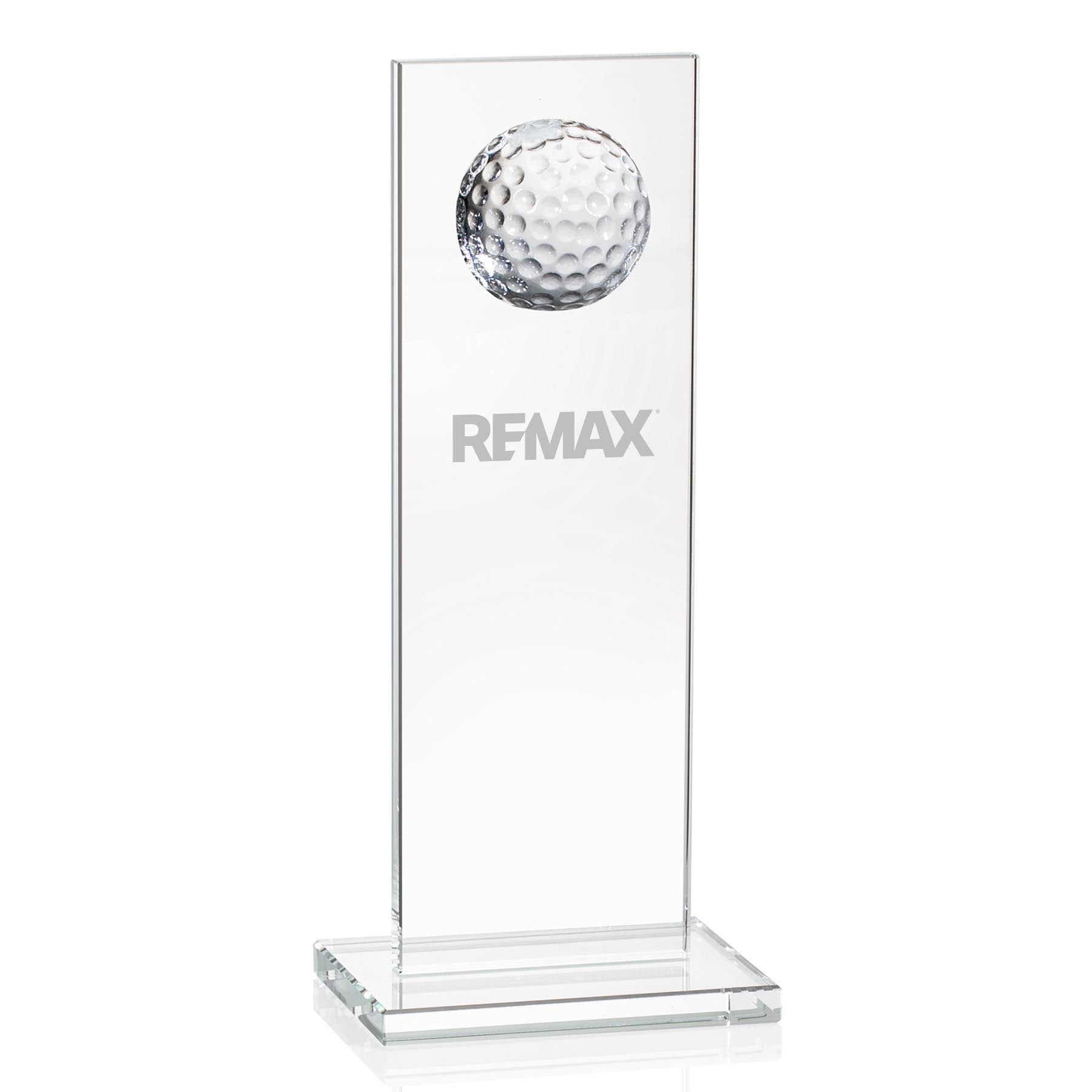 Clear glass trophy with a golf ball on top and 'REMAX' branding.