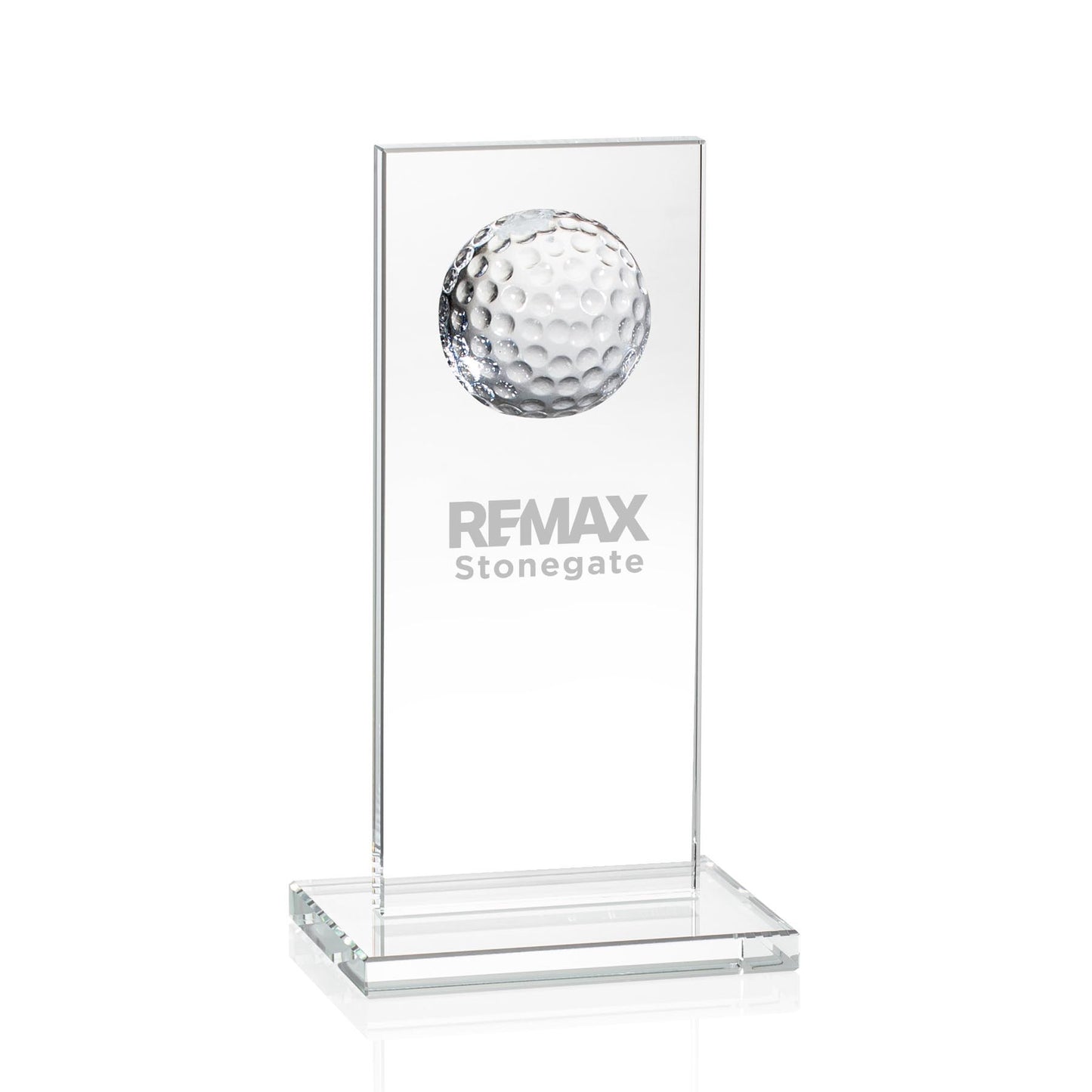 Crystal golf ball display with REMAX Stonegate branding on a white background