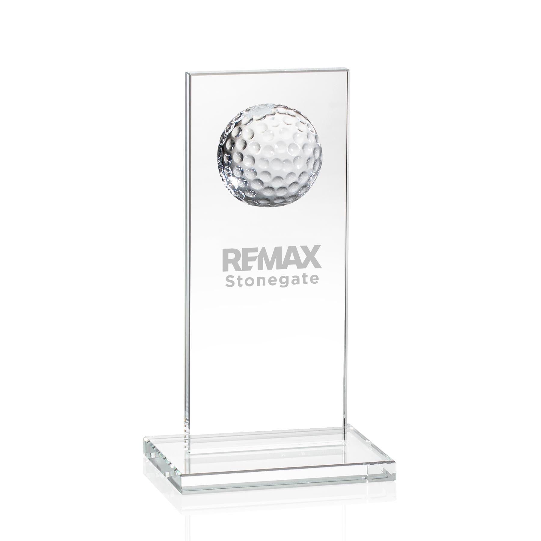Crystal golf ball display with REMAX Stonegate branding on a white background