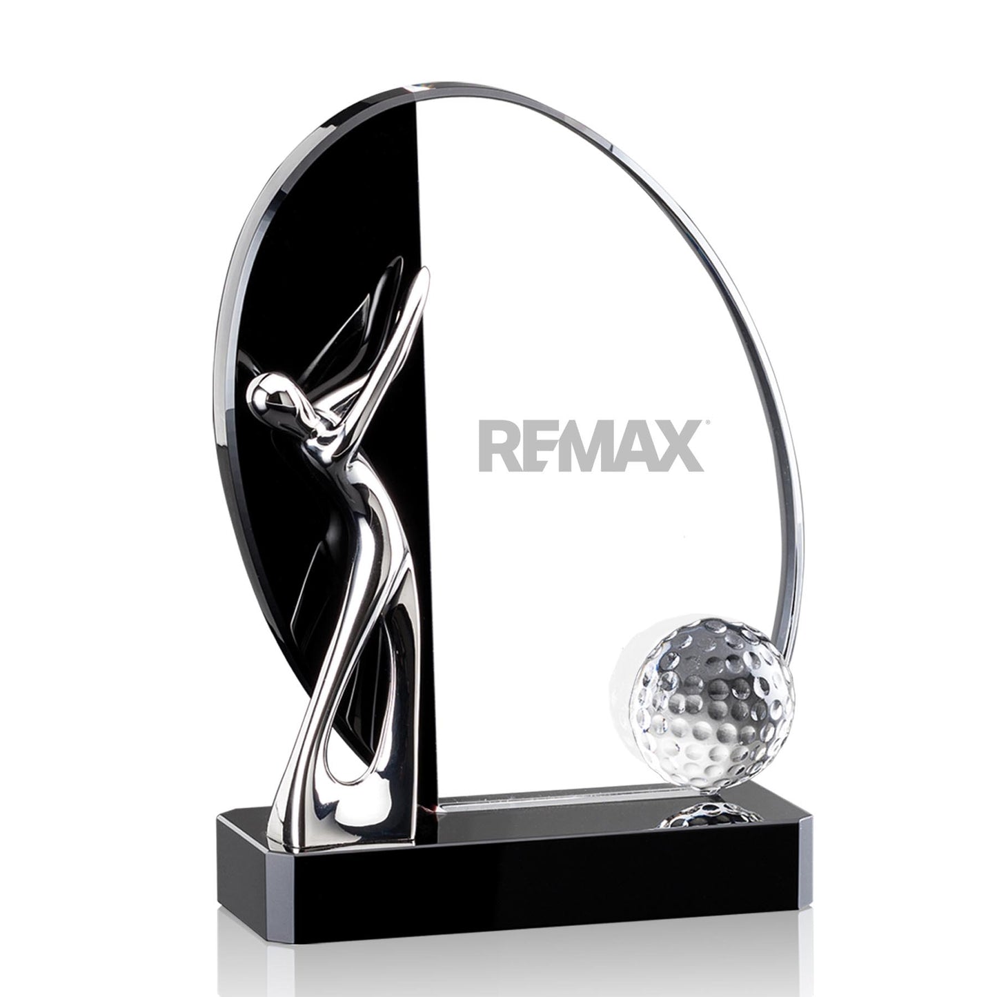Crystal golf trophy with a golf ball and 'REMAX' branding on a white background