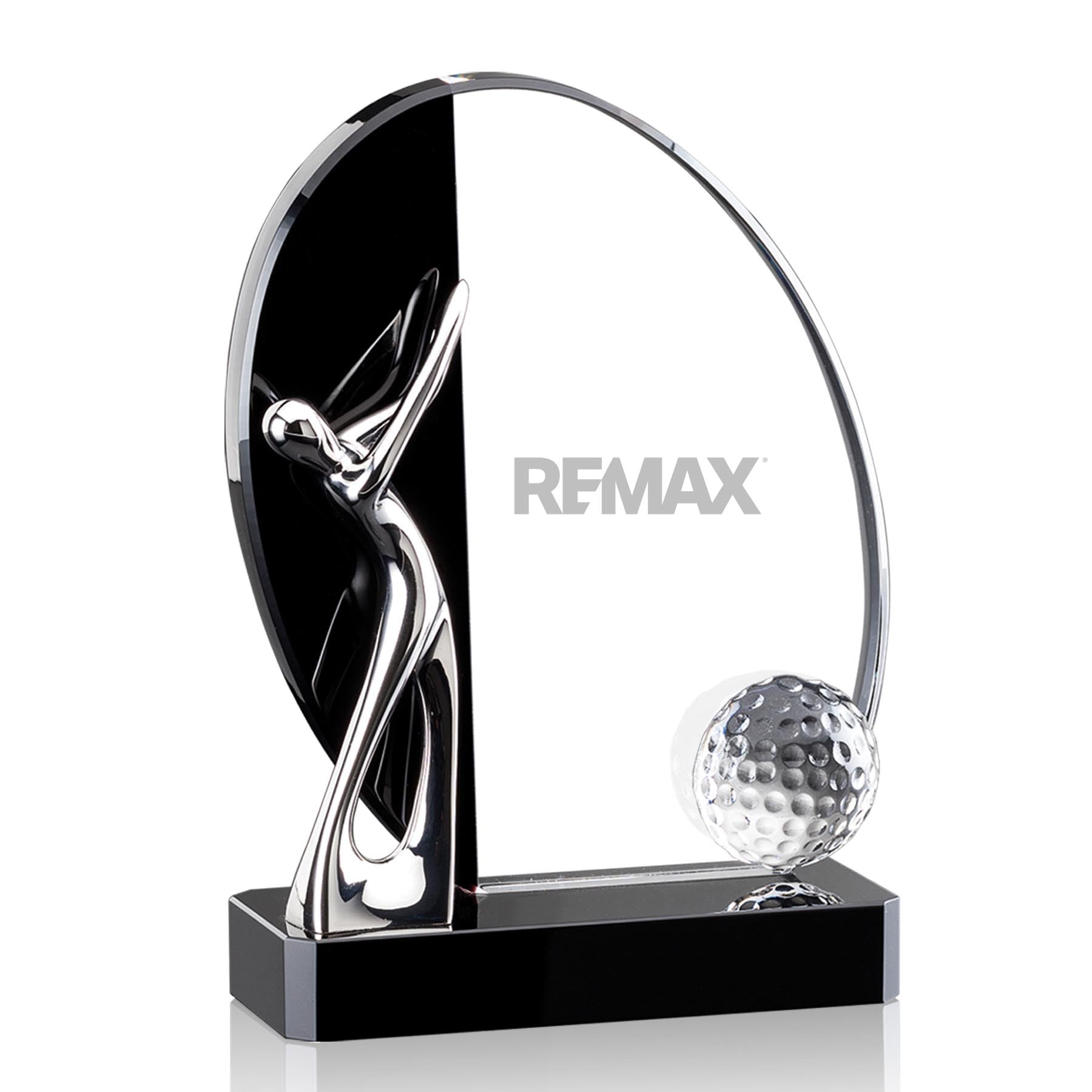 Crystal golf trophy with RE/MAX logo on a white background