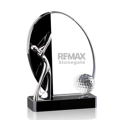 Silver golf trophy with a golf ball on a black base, featuring the REMAX Stonegate logo.