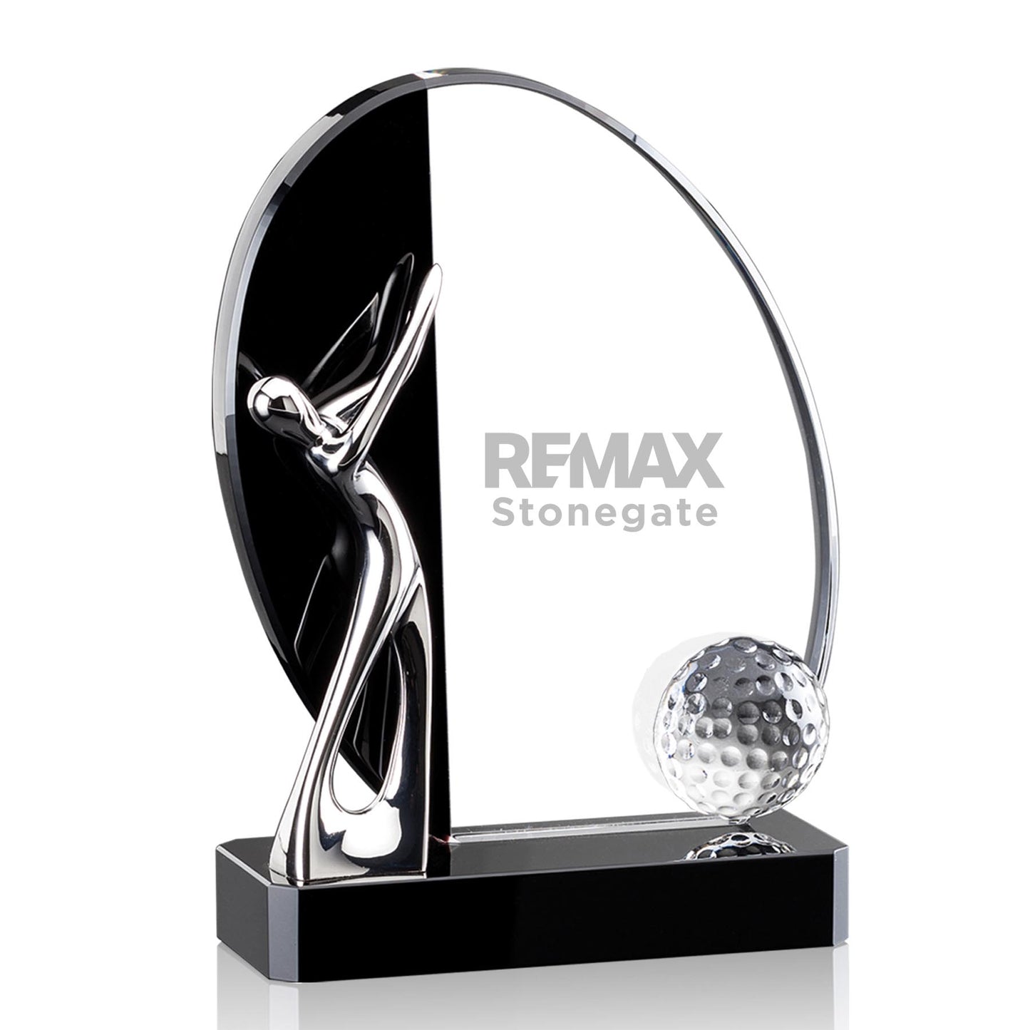 Crystal golf trophy with RE/MAX logo on a white background