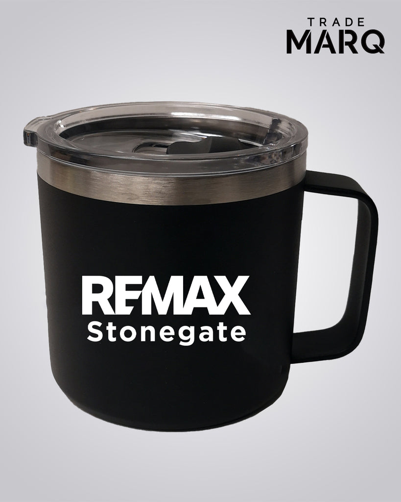 Black mug with 'REMAX Stonegate' branding on a gray background