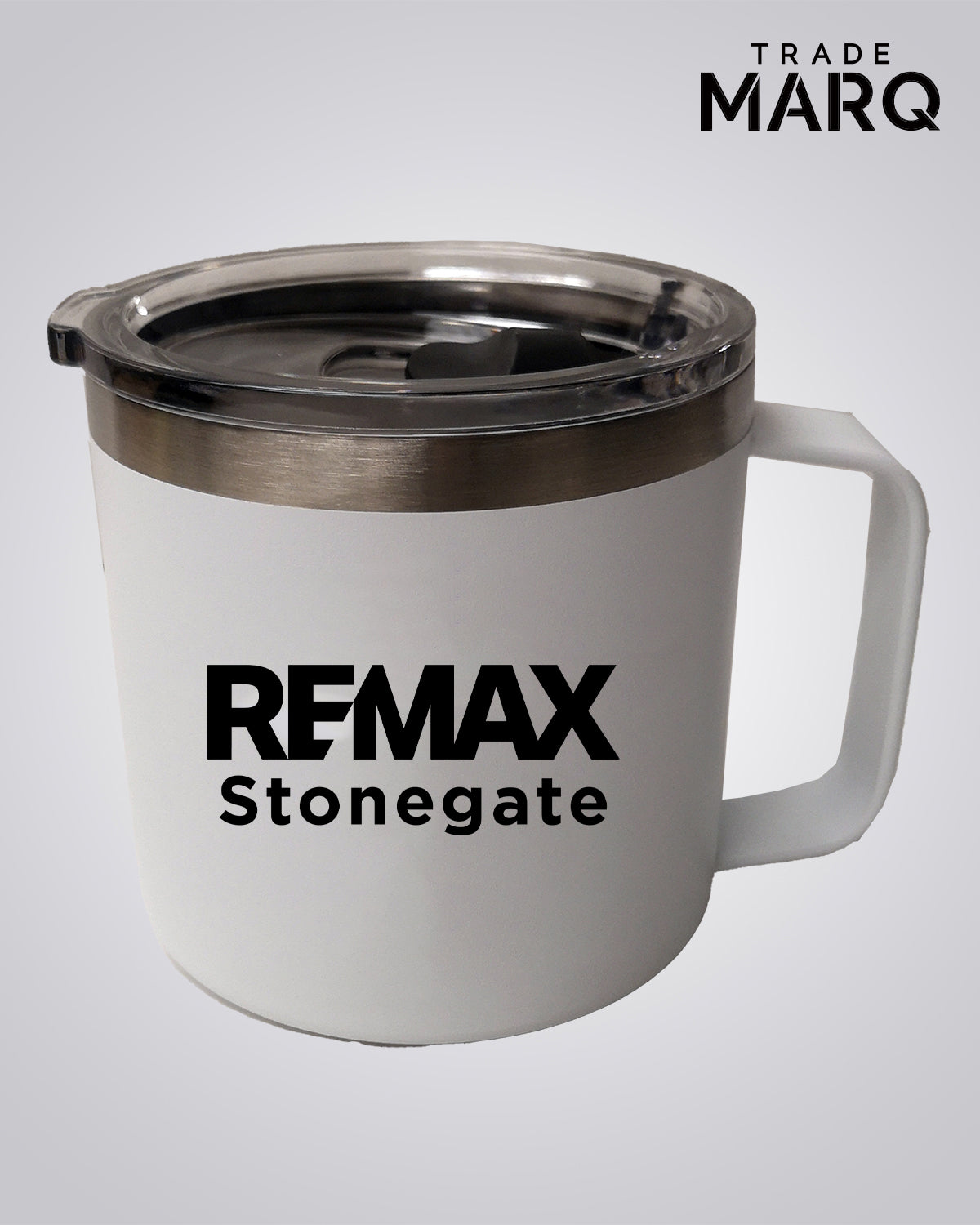 White mug with 'REMAX Stonegate' text on a gray background