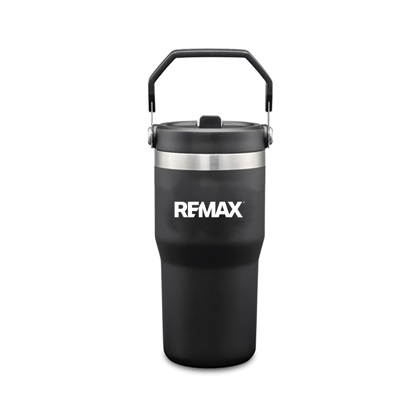 Black insulated tumbler with handle and REMAX logo on a white background