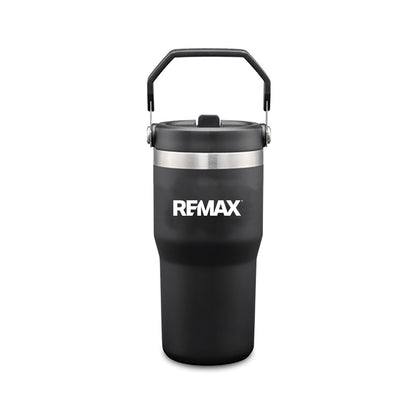 Black insulated tumbler with handle and REMAX logo on a white background