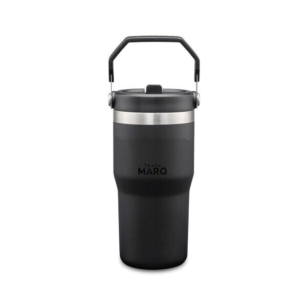 Black insulated mug with handle on a white background