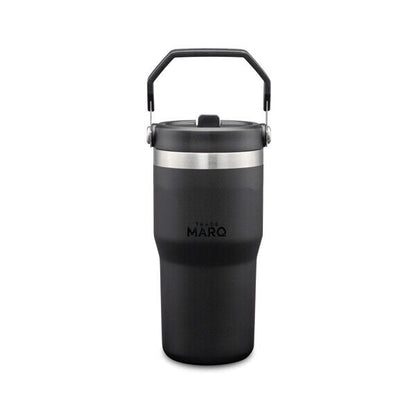 Black insulated mug with handle on a white background