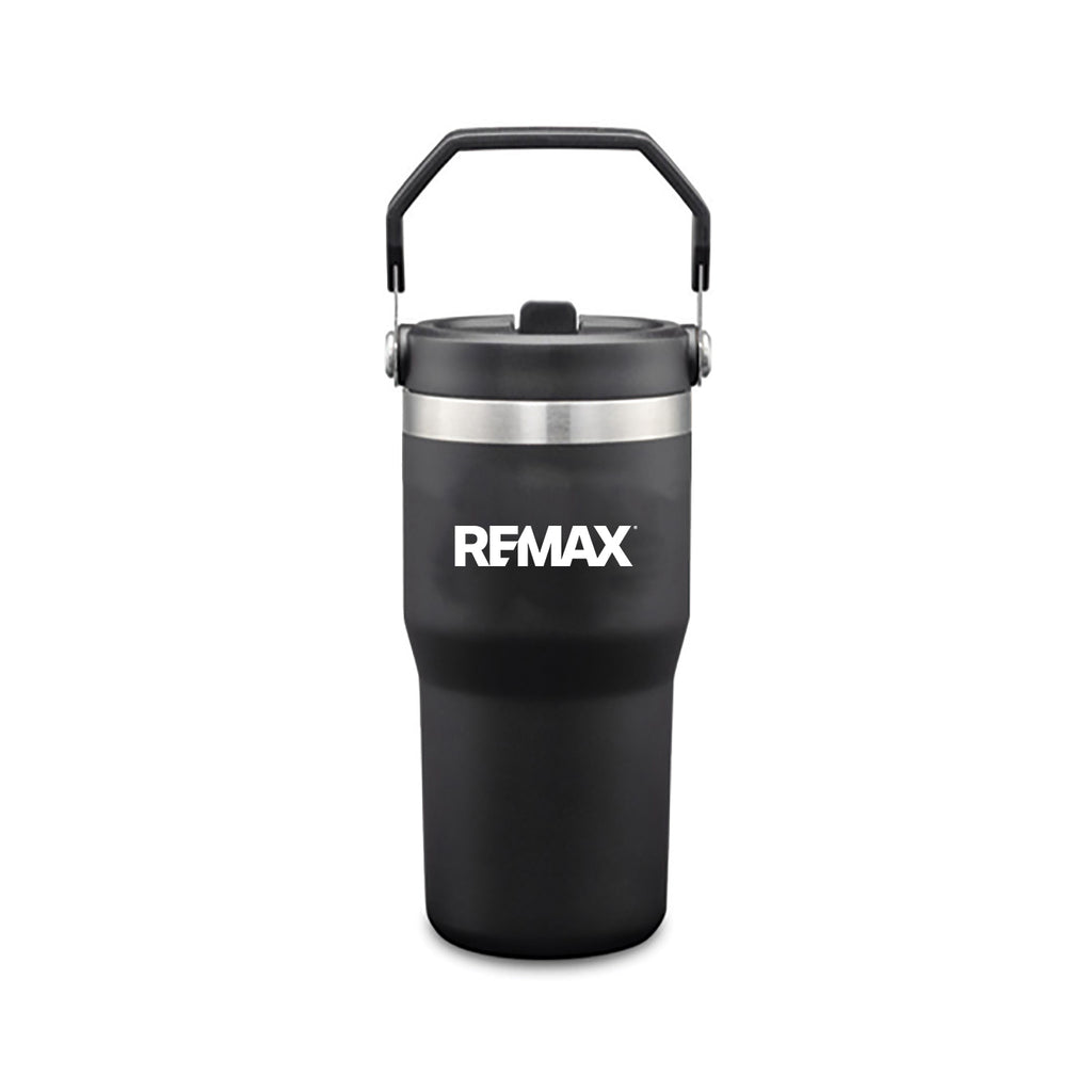 Black insulated tumbler with handle and REMAX logo on a white background