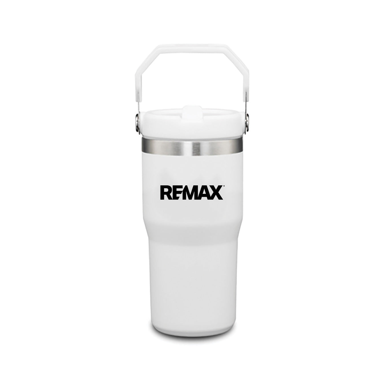 White insulated bottle with silver lid and handle, featuring the REMAX logo on a white background.