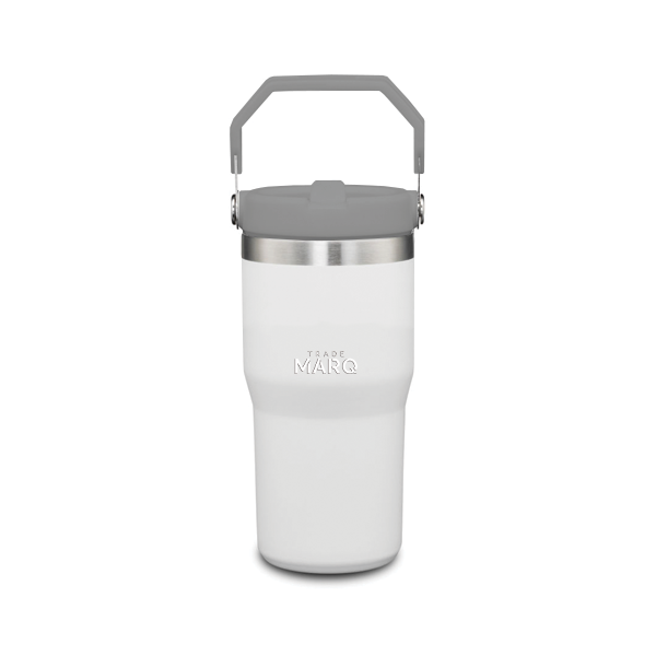 White insulated mug with gray handle and lid on a white background