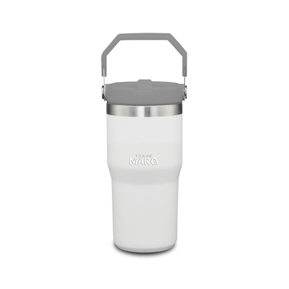 White insulated mug with gray handle and lid on a white background