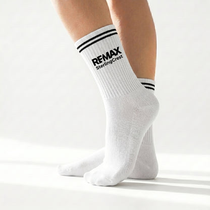 White socks with black stripes and text on a white background